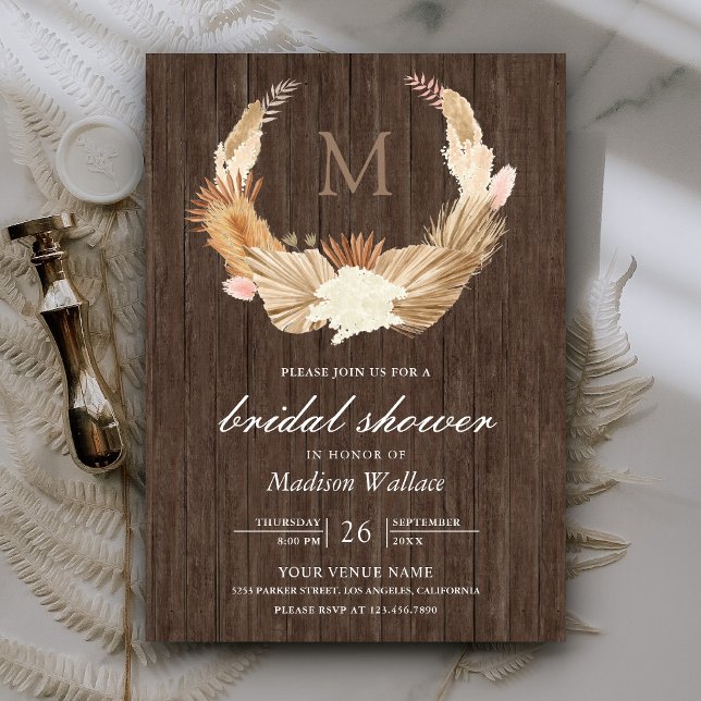 Rustic Wood Pampas Wreath Dried Palm Bridal Shower Invitation (Creator Uploaded)