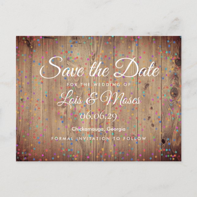 Rustic Wood Panels Rainbow Confetti Save the Date Postcard (Front)