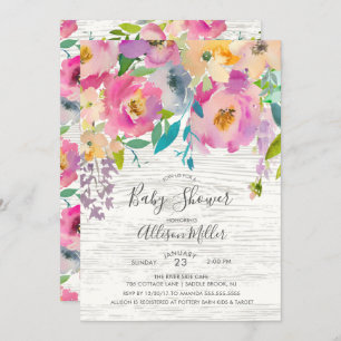 Rustic Wood Pastel Floral Baby Shower Invitation