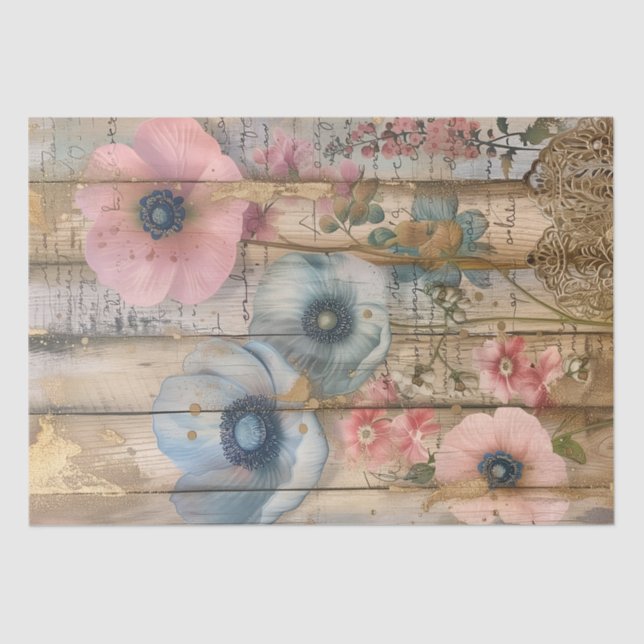 Rustic Wood, Pastel Flowers Decoupage Tissue Paper (Front)