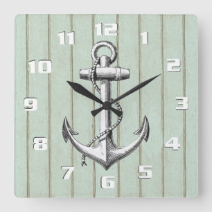 Rustic Wood Pattern and Vintage Anchor Nautical Square Wall Clock