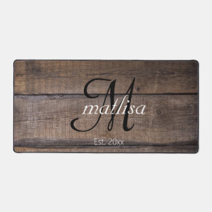 Rustic Wood Pattern Monogram Script Name Year  Desk Mat