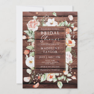 Rustic Wood & Peach Floral Border Bridal Shower  Invitation