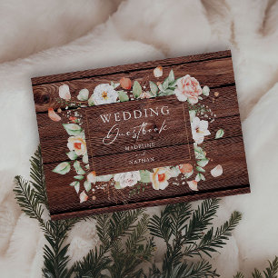 Rustic Wood & Peach Floral Wedding Guest Book