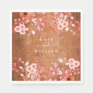 Rustic Wood Peach Wildflowers Floral Wedding Napkin