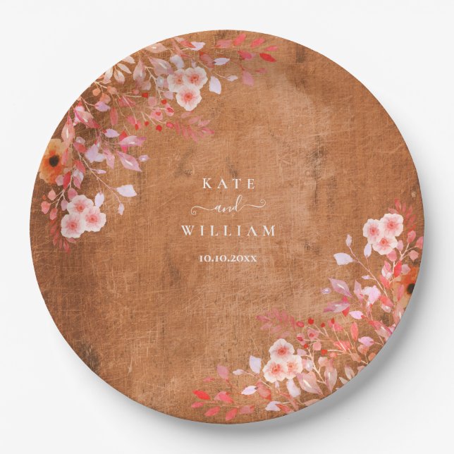 Rustic Wood Peach Wildflowers Floral Wedding Paper Plate (Front)