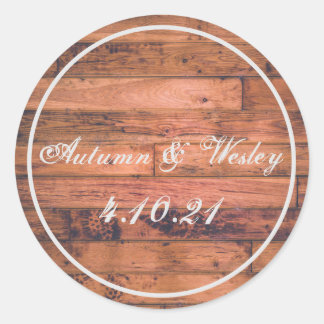 Rustic Wood Personalise Name Date Classic Round Sticker