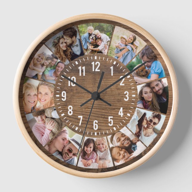 Rustic Wood Personalised 12 Photo Collage Clock (Front)