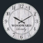 Rustic Wood Personalised Family Name  Large Clock<br><div class="desc">A rustic modern white washed barn wood shiplap monogrammed family name wall clock. Great for your rustic or farm style home or cabin.</div>