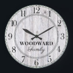 Rustic Wood Personalised Family Name  Large Clock<br><div class="desc">A rustic modern white washed barn wood shiplap monogrammed family name wall clock. Great for your rustic or farm style home or cabin.</div>