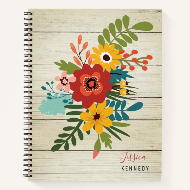  Rustic Wood Personalised Name  Colourful Floral Notebook (Front)