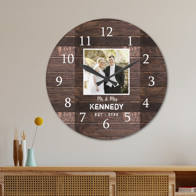 Rustic Wood Personalised Photo Wedding Anniversary Large Clock (Rustic Wood Personalized Photo Wedding Anniversary Large Clock)