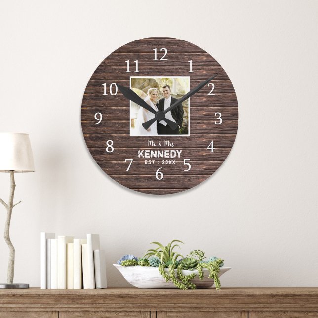 Rustic Wood Personalised Photo Wedding Anniversary Round Clock (Rustic Wood Personalized Photo Wedding Anniversary Round Clock)