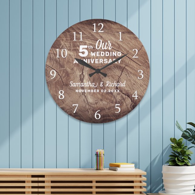 Rustic Wood Personalized 5th Wedding Anniversary  Large Clock (Rustic Wood Personalized 5th Wedding Anniversary Large Clock)