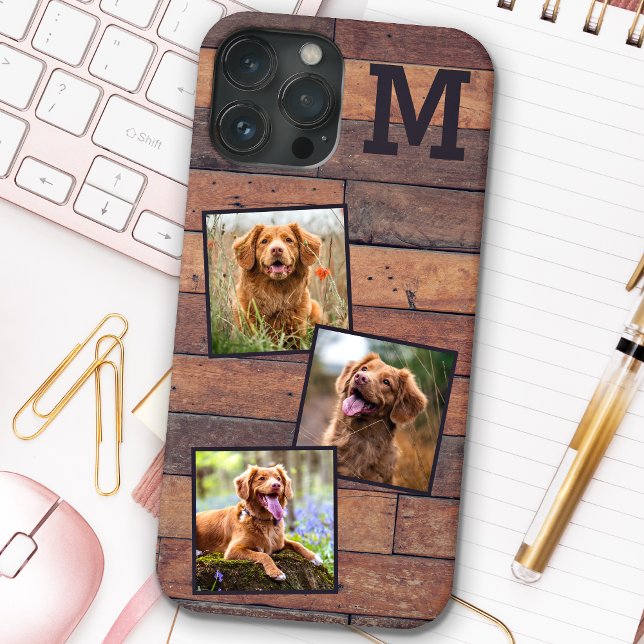 Rustic Wood Personalized Monogram 3 Photo Case-Mate iPhone Case (Creator Uploaded)
