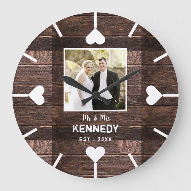 Rustic Wood Personalized Wedding Anniversary Photo Large Clock (Front)