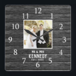 Rustic Wood Personalized Wedding Anniversary Photo Square Wall Clock<br><div class="desc">Unique anniversary clock to personalize with couple photo,  name and established year. The rustic wedding clock with a distressed wood effect  makes a great gift for weddings, anniversaries,  and new home housewarming.</div>