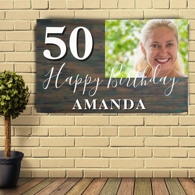Rustic Wood Photo 50th Birthday Party Banner (Creator Uploaded)