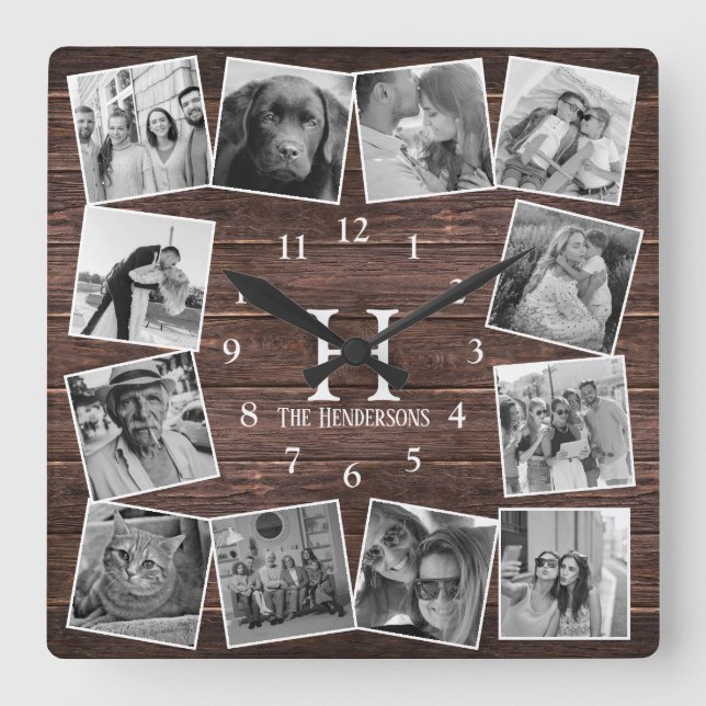 Rustic Wood Photo Collage Monogram Create Your Own Square Wall Clock (Front)