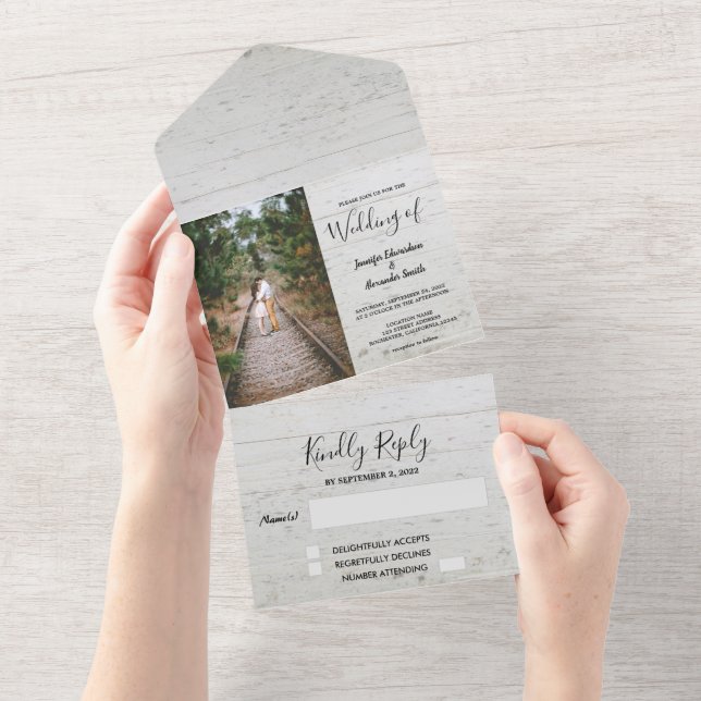 Rustic wood photo country wedding all in one invitation (Tearaway)