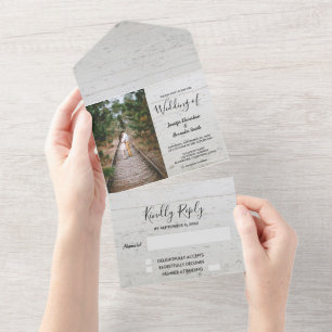 Rustic wood photo country wedding all in one invitation