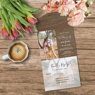 Rustic wood photo country Wedding All In One Invitation
