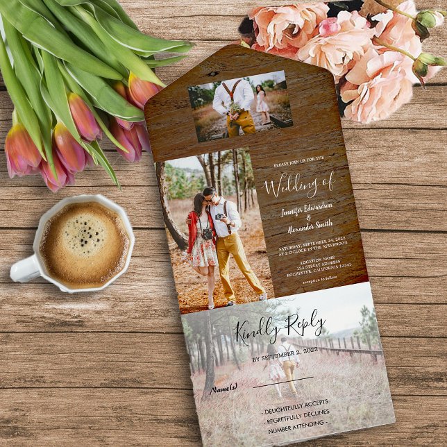 Rustic wood photo country Wedding All In One Invitation (Rustic wood photo all in one  wedding invitation. For your rustic country wedding.)