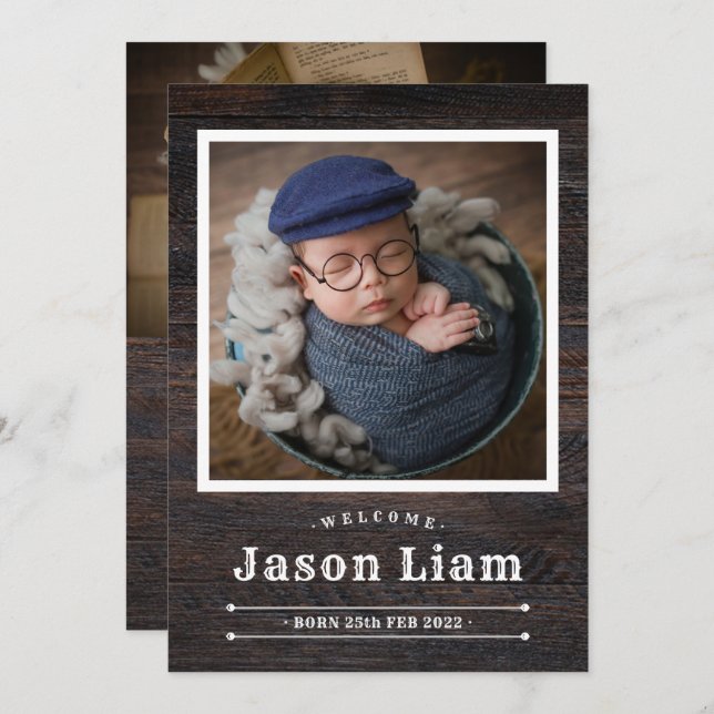 Rustic Wood Photo Custom Cowboy Newborn Boy Birth Announcement (Front/Back)