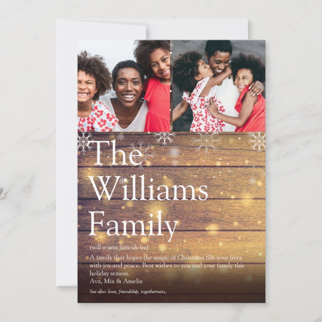 Rustic Wood Photo Family Definition Christmas Holiday Card (Front)