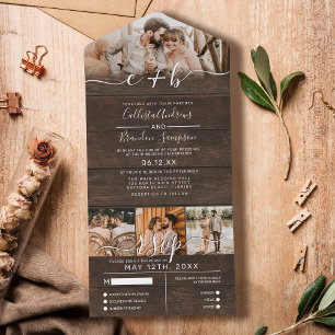 Rustic Wood Photo Monogram Wedding RSVP All In One Invitation