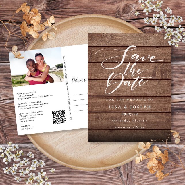 Rustic Wood Photo QR Code Save the Date Postcard (Rustic Wood Photo QR Code Save the Date Postcard)