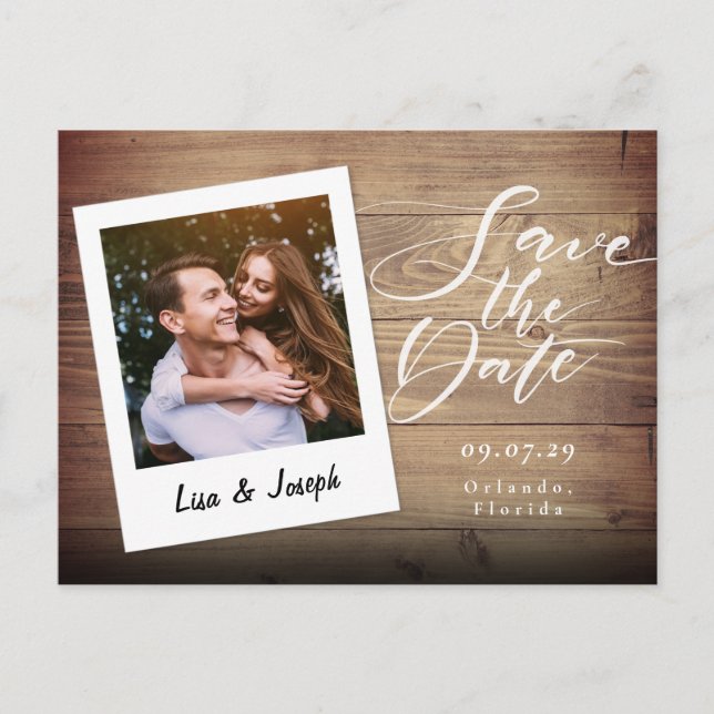 Rustic Wood Photo Script Save the Date Postcard (Front)
