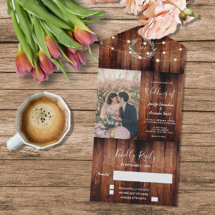 Rustic wood photo string lights country Wedding All In One Invitation