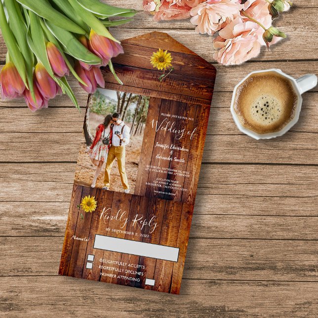 Rustic wood photo sunflower Wedding All In One Invitation (Create your own rustic sunflower photo all in one wedding invitation.)