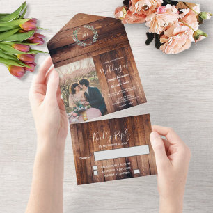 Rustic wood photo watercolor leaves Wedding All In One Invitation