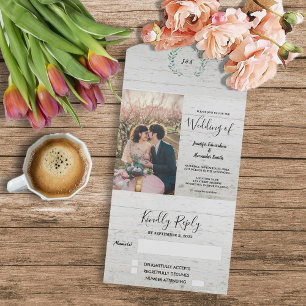 Rustic wood photo watercolor leaves Wedding All In One Invitation