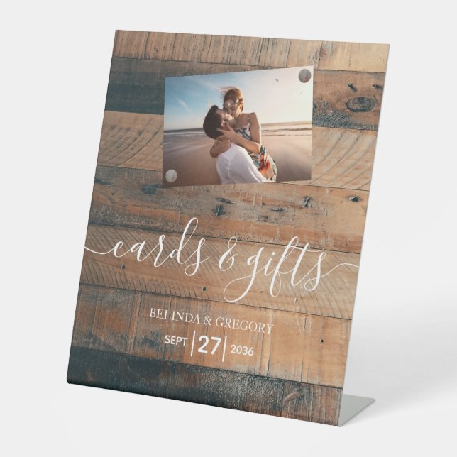 Rustic Wood Photo Wedding Cards & Gifts Pedestal Sign (Front)