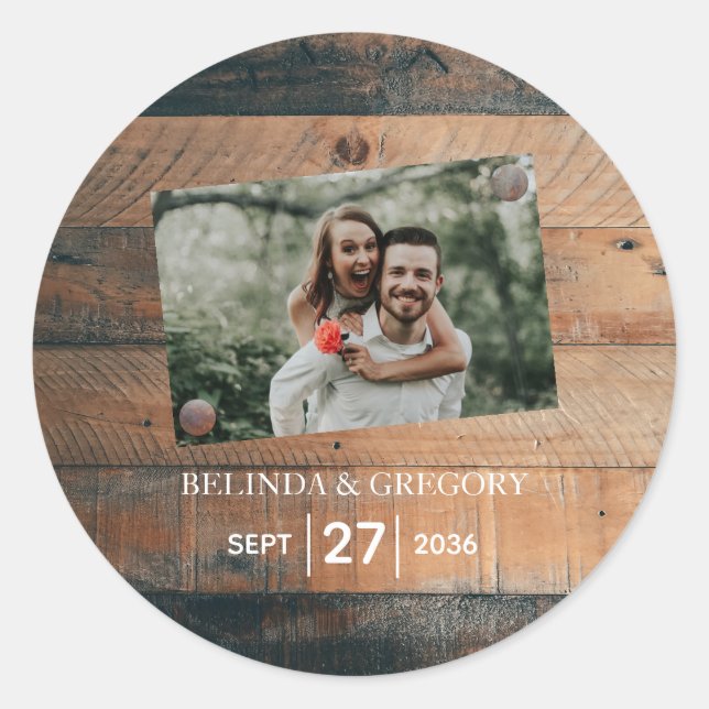 Rustic Wood Photo Wedding Classic Round Sticker (Front)