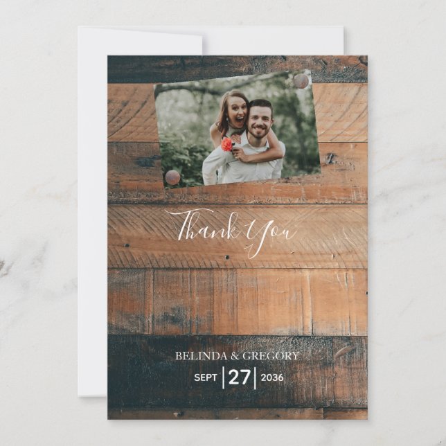 Rustic Wood Photo Wedding Thank You Card (Front)