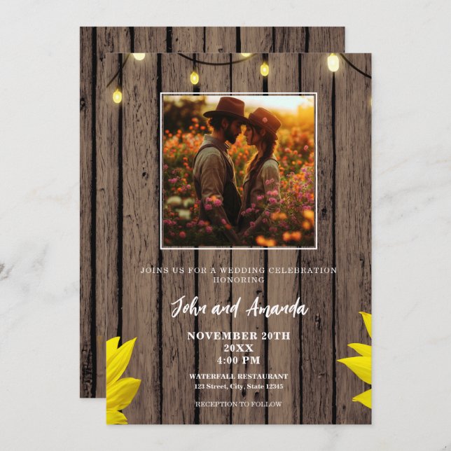 Rustic Wood Photo Western Wedding Invitation (Front/Back)