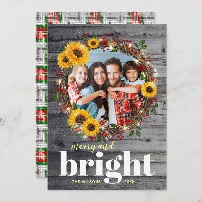Rustic Wood Photo Wreath Sunflower Christmas Cards (Front/Back)