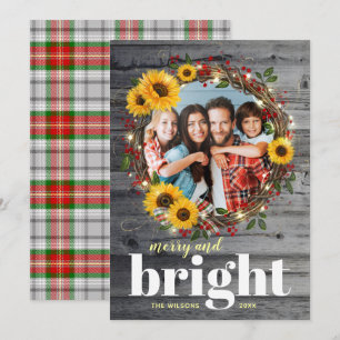 Rustic Wood Photo Wreath Sunflower Christmas Cards