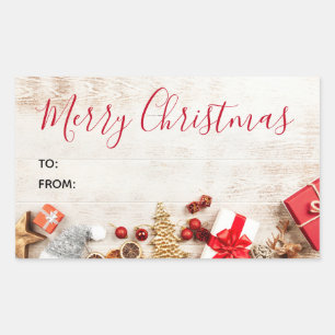 Rustic Wood Photograph with Christmas Items Rectangular Sticker