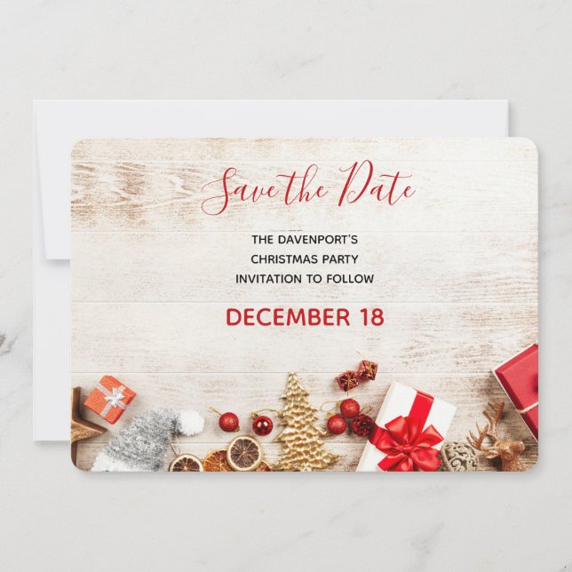 Rustic Wood Photograph with Christmas Items Save The Date (Front)