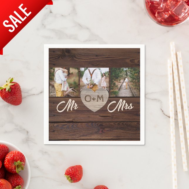 Rustic Wood Photos Monogram Wedding Reception Napkin (Creator Uploaded)