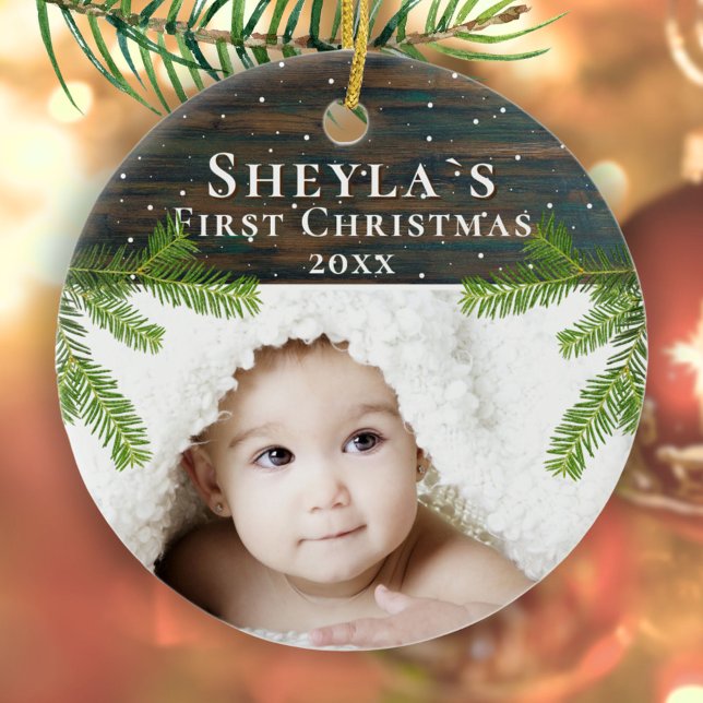 Rustic Wood Pine Baby`s First Christmas Photo Ceramic Ornament (Creator Uploaded)