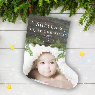 Rustic Wood Pine Baby`s First Christmas Photo Large Christmas Stocking