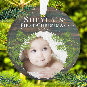 Rustic Wood Pine Baby`s First Christmas Photo Ornament