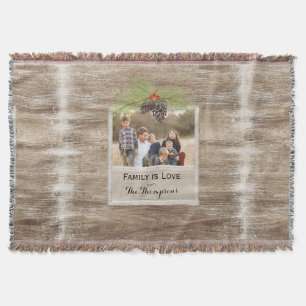 Rustic Wood & Pine Branch Christmas Family Photo Throw Blanket