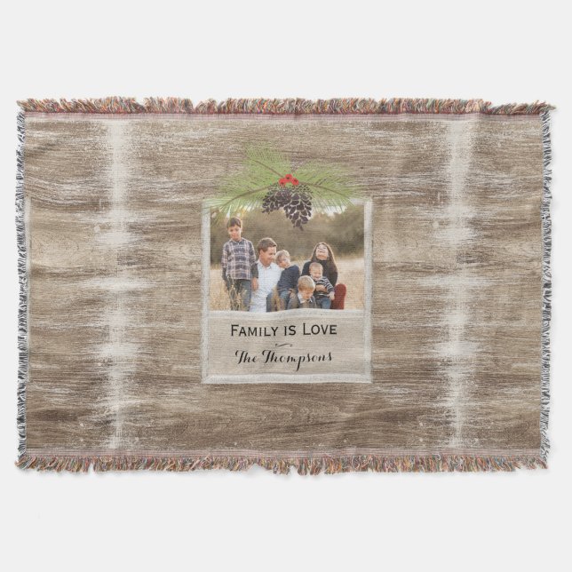 Rustic Wood & Pine Branch Christmas Family Photo Throw Blanket (Front)